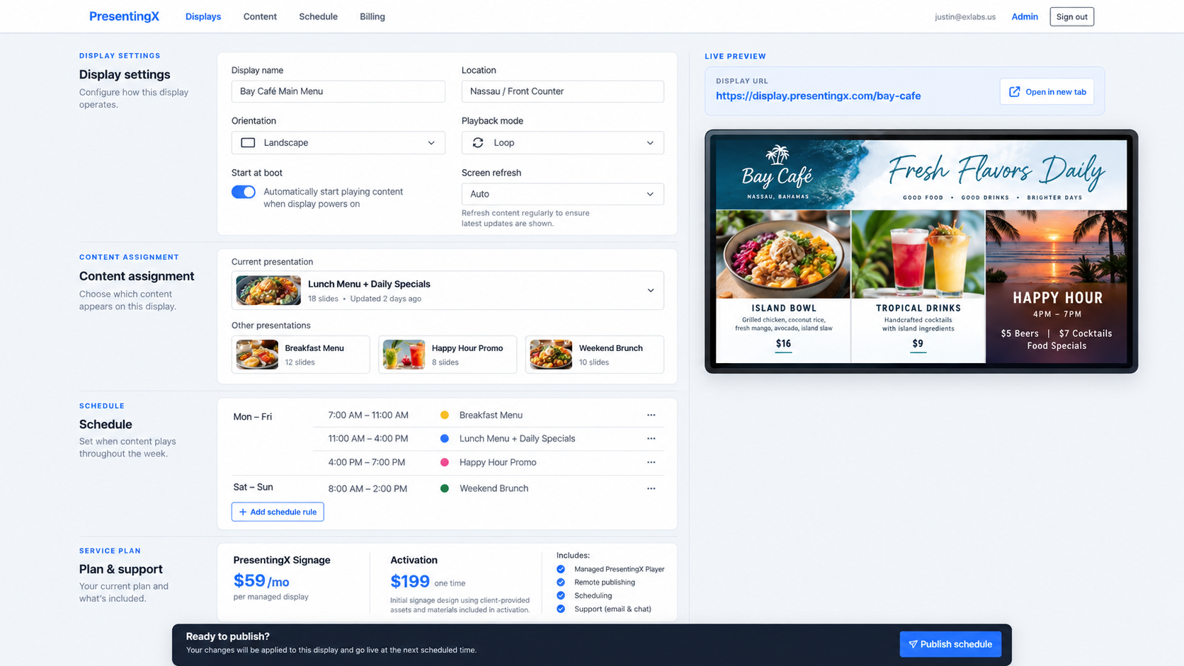 PresentingX Signage dashboard for managing display settings, content and schedule